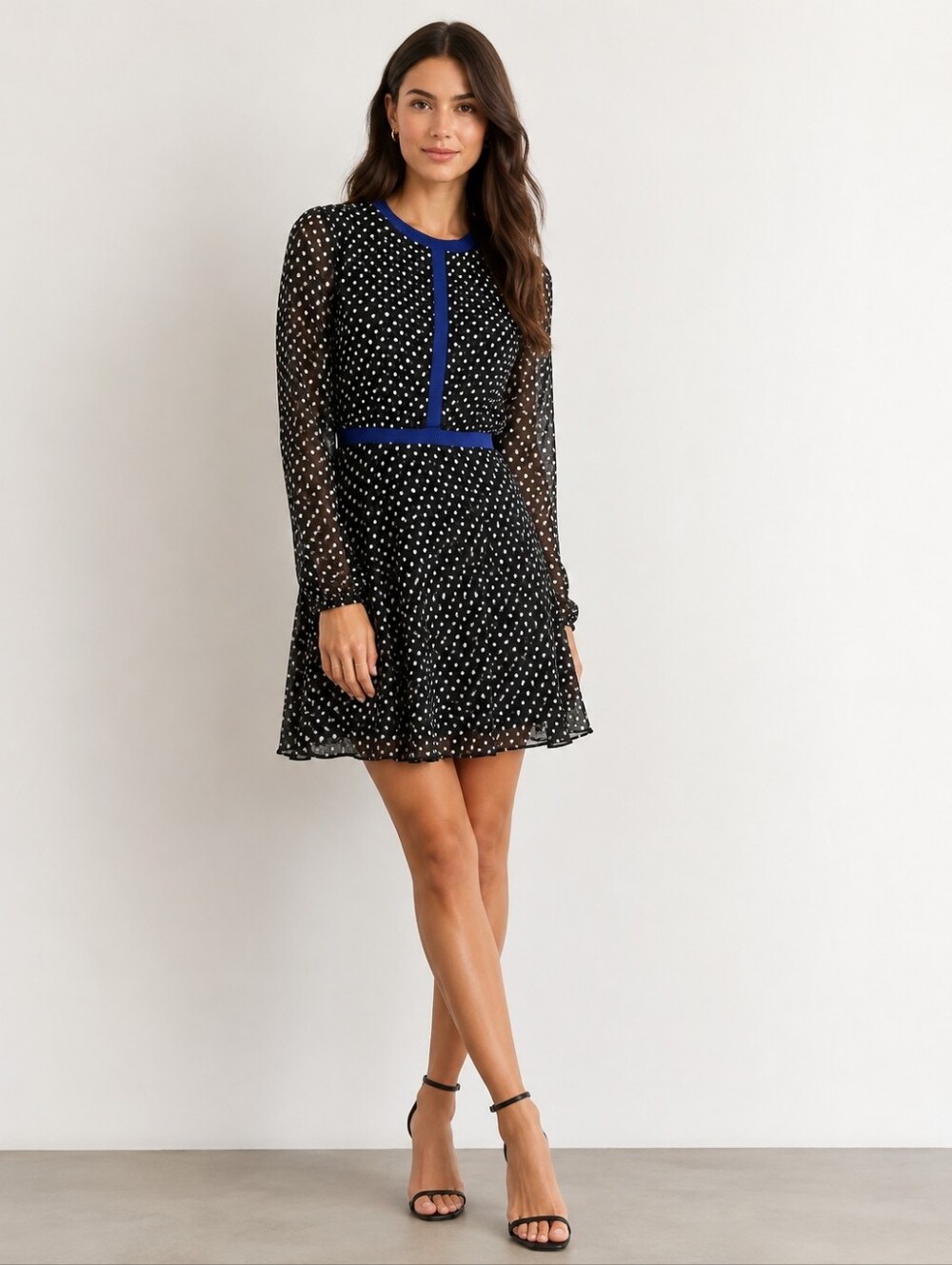 Maje Polka Dot Crepe Silk Sheer Long Sleeve Fit & Flare Dress Black Blue Size 1
